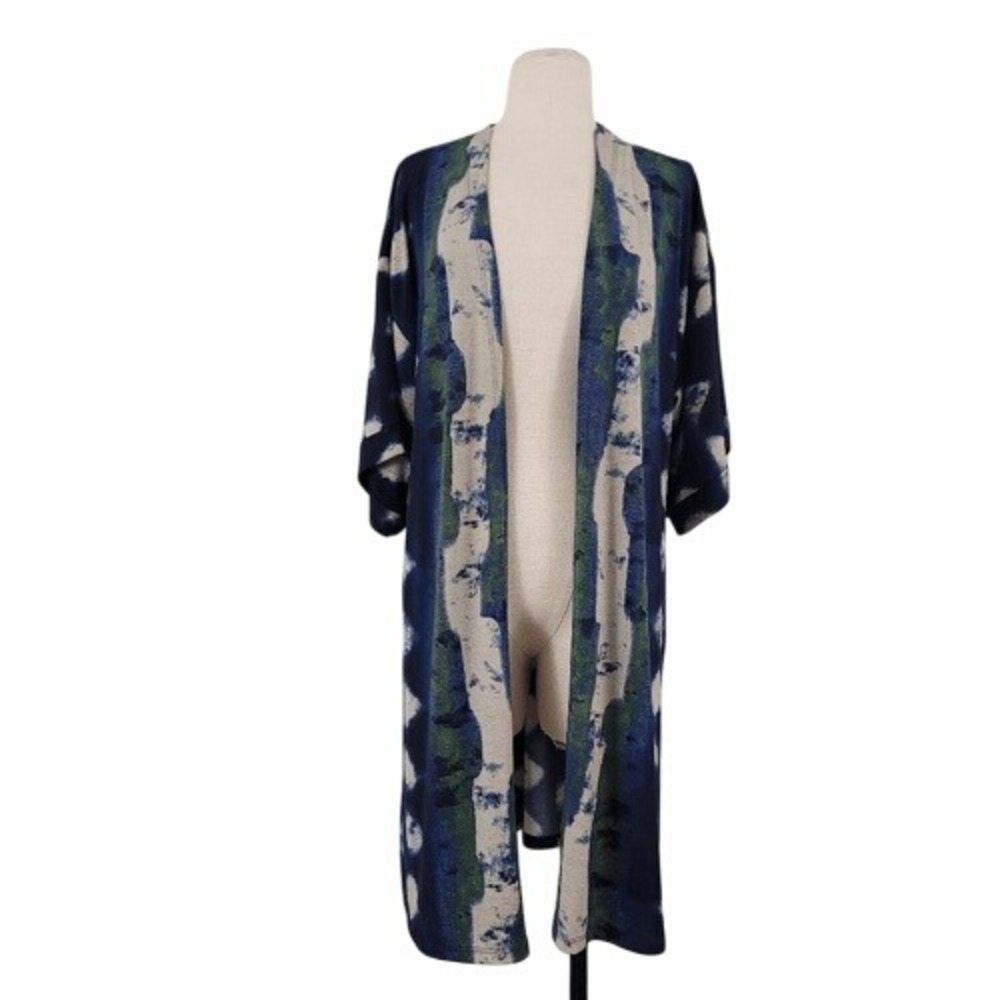 Clara Sun Woo Open Front Long Cardigan Duster Sz XS Blue Green Cream Watercolor